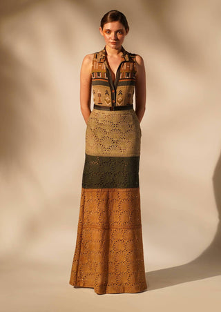 Nikita Mhaisalkar-Green Mustard Schiffli Skirt-INDIASPOPUP.COM