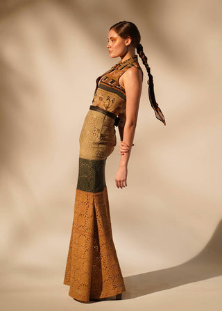 Nikita Mhaisalkar-Green Mustard Schiffli Skirt-INDIASPOPUP.COM