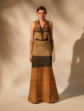 Nikita Mhaisalkar-Green Mustard Schiffli Skirt-INDIASPOPUP.COM