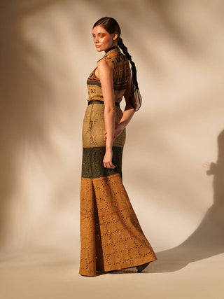 Nikita Mhaisalkar-Green Mustard Schiffli Skirt-INDIASPOPUP.COM