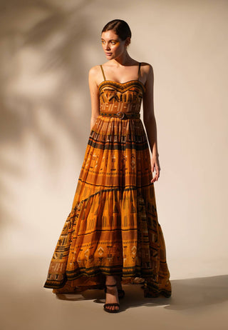 Nikita Mhaisalkar-Mustard Aztec Print Maxi-INDIASPOPUP.COM