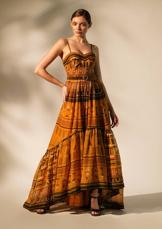 Nikita Mhaisalkar-Mustard Aztec Print Maxi-INDIASPOPUP.COM