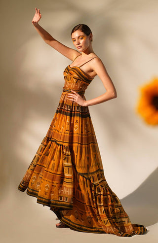 Nikita Mhaisalkar-Mustard Aztec Print Maxi-INDIASPOPUP.COM