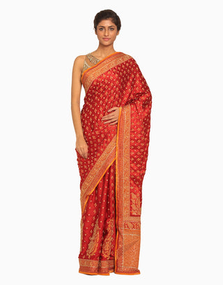 Ri.Ritu Kumar - Red & Saffron Saree With Unstitched Blouse - INDIASPOPUP.COM