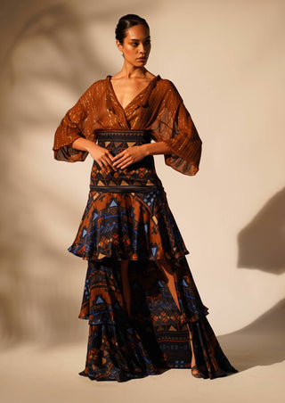 Nikita Mhaisalkar-Blue Aztec Print Tiered Skirt-INDIASPOPUP.COM
