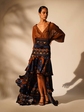 Nikita Mhaisalkar-Blue Aztec Print Tiered Skirt-INDIASPOPUP.COM
