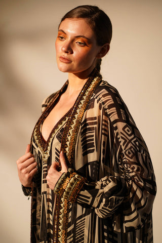 Nikita Mhaisalkar-Abstract Printed Maxi And Jacket-INDIASPOPUP.COM