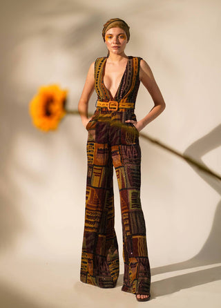Nikita Mhaisalkar-Multicolour Abstract Print Jumpsuit With Belt-INDIASPOPUP.COM