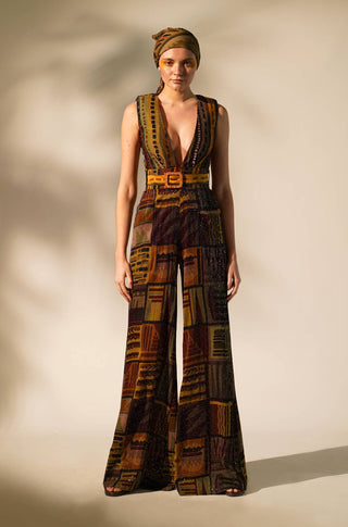 Nikita Mhaisalkar-Multicolour Abstract Print Jumpsuit With Belt-INDIASPOPUP.COM