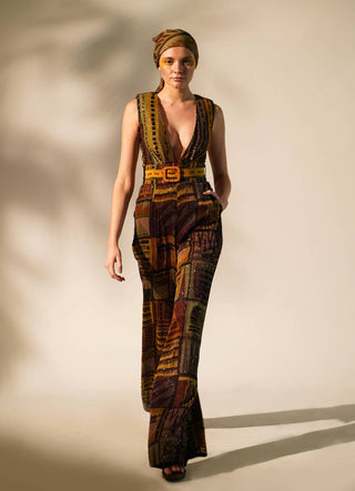 Nikita Mhaisalkar-Multicolour Abstract Print Jumpsuit With Belt-INDIASPOPUP.COM