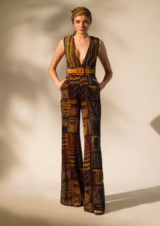 Nikita Mhaisalkar-Multicolour Abstract Print Jumpsuit With Belt-INDIASPOPUP.COM