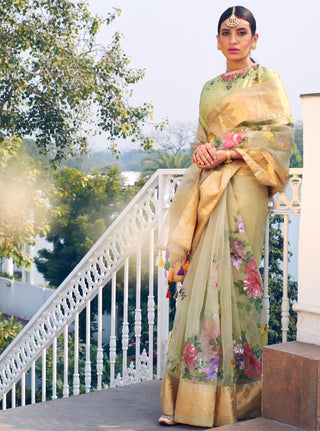 Rar Studio-Mint & Multicolor Saree Set-INDIASPOPUP.COM