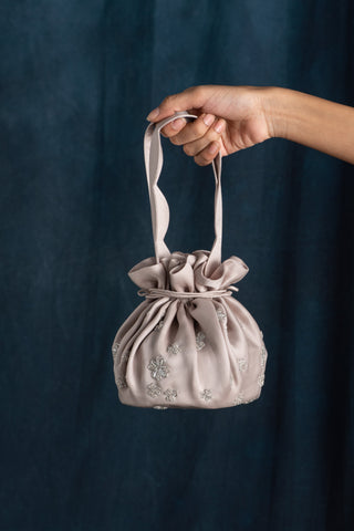 Lavanya Ahuja-Grey Hand Embroidered Satin Drawstring Bag-INDIASPOPUP.COM