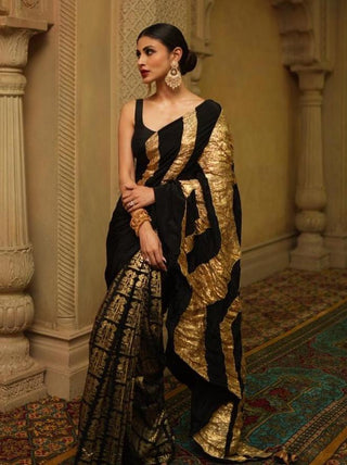 House Of Masaba-Black Crinkle Sari With Unstitched Blouse-INDIASPOPUP.COM