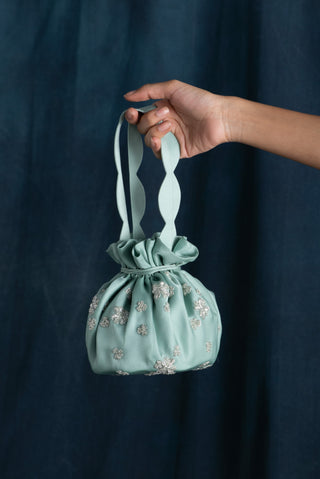 Lavanya Ahuja-Mint Hand Embroidered Drawstring Bag-INDIASPOPUP.COM