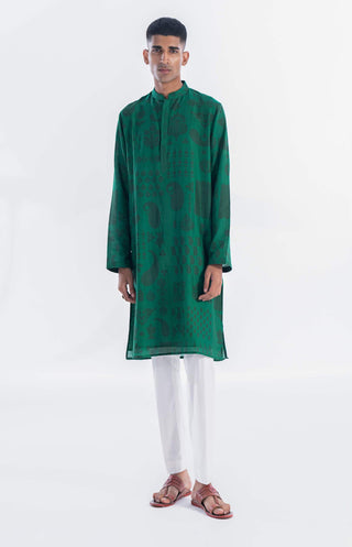 Siddhartha Bansal-Emerald Green Printed Kurta Bundi Set-INDIASPOPUP.COM