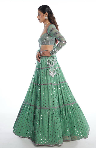 Vvani By Vani Vats-Mint Tiered Lehanga Set-INDIASPOPUP.COM