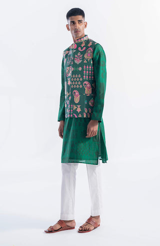 Siddhartha Bansal-Emerald Green Printed Kurta Bundi Set-INDIASPOPUP.COM