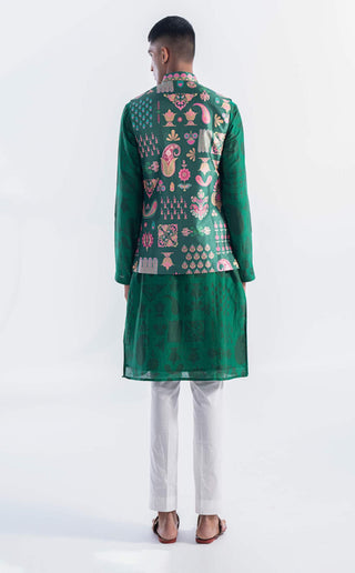 Siddhartha Bansal-Emerald Green Printed Kurta Bundi Set-INDIASPOPUP.COM