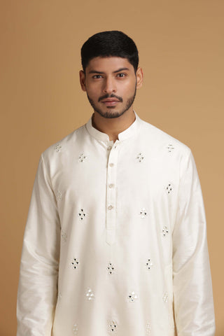Chatenya Mittal-Ivory Mirror Work Kurta With Pant-INDIASPOPUP.COM