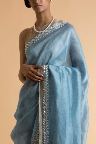Saksham & Neharicka - Blue Embroidered Linen Silk Saree - INDIASPOPUP.COM