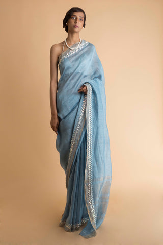 Saksham & Neharicka - Blue Embroidered Linen Silk Saree - INDIASPOPUP.COM