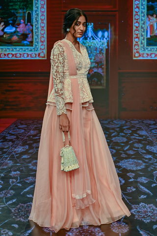 Ridhi Mehra-Peach Peplum And Organza Sharara-INDIASPOPUP.COM