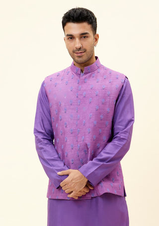 Sva By Sonam And Paras Modi Men-Purple Butti Embroidered Bundi-INDIASPOPUP.COM