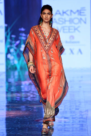 Rajdeep Ranawat-Coral Silk Long Kaftan-INDIASPOPUP.COM
