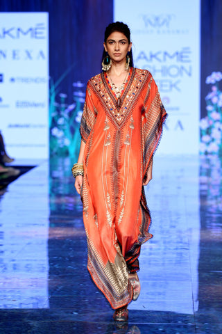 Rajdeep Ranawat-Coral Silk Long Kaftan-INDIASPOPUP.COM