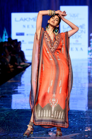 Rajdeep Ranawat-Coral Silk Long Kaftan-INDIASPOPUP.COM