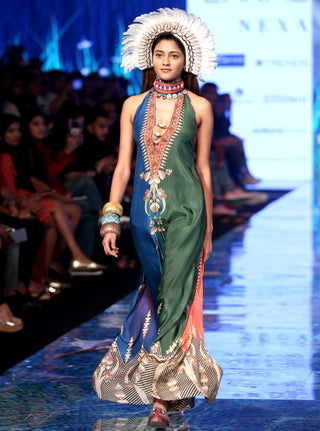 Rajdeep Ranawat-Mallard Green Silk Long Dress-INDIASPOPUP.COM