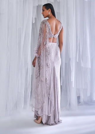 Dolly J-Amoudi Ray Silver Drape Sari Gown Set-INDIASPOPUP.COM