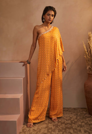 Aneesh Agarwaal-Mustard Printed One Shoulder Jumpsuit-INDIASPOPUP.COM