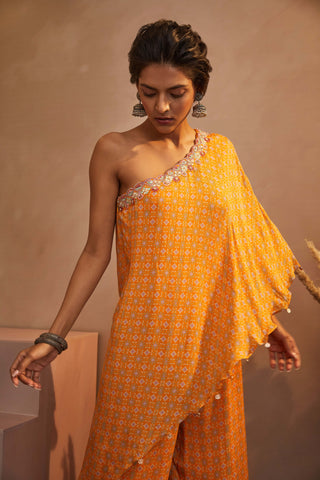 Aneesh Agarwaal-Mustard Printed One Shoulder Jumpsuit-INDIASPOPUP.COM