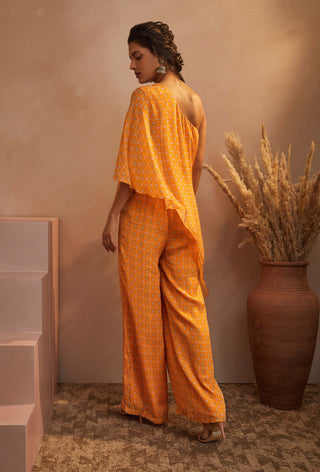 Aneesh Agarwaal-Mustard Printed One Shoulder Jumpsuit-INDIASPOPUP.COM