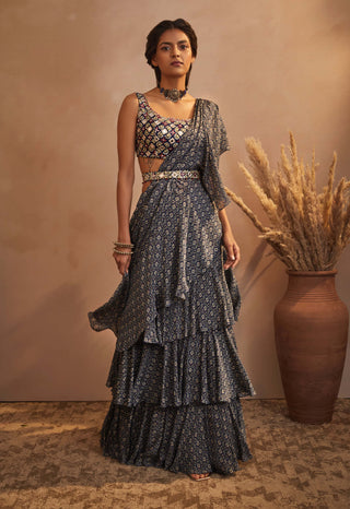 Aneesh Agarwaal-Navy Ikkat Drape Saree Set-INDIASPOPUP.COM