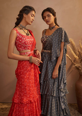 Aneesh Agarwaal-Navy Ikkat Drape Saree Set-INDIASPOPUP.COM