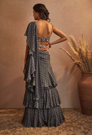 Aneesh Agarwaal-Navy Ikkat Drape Saree Set-INDIASPOPUP.COM