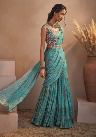Aneesh Agarwaal-Teal Bunch Print Sharara Saree-INDIASPOPUP.COM