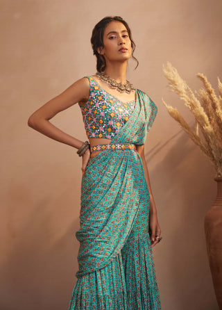 Aneesh Agarwaal-Teal Bunch Print Sharara Saree-INDIASPOPUP.COM