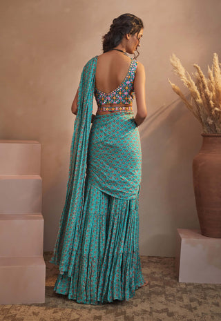Aneesh Agarwaal-Teal Bunch Print Sharara Saree-INDIASPOPUP.COM