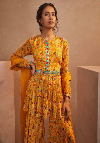 Aneesh Agarwaal-Yellow Floral Peplum Sharara Set-INDIASPOPUP.COM