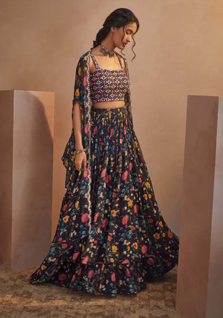 Aneesh Agarwaal-Navy Floral Printed Cape Skirt Set-INDIASPOPUP.COM