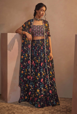 Aneesh Agarwaal-Navy Floral Printed Cape Skirt Set-INDIASPOPUP.COM
