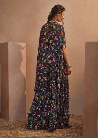 Aneesh Agarwaal-Navy Floral Printed Cape Skirt Set-INDIASPOPUP.COM