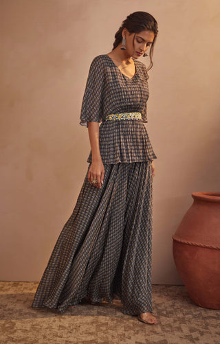 Aneesh Agarwaal-Navy Printed Flared Peplum With Sharara-INDIASPOPUP.COM