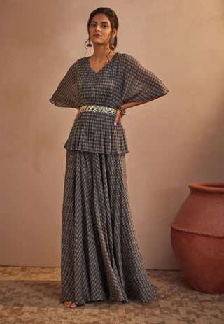 Aneesh Agarwaal-Navy Printed Flared Peplum With Sharara-INDIASPOPUP.COM