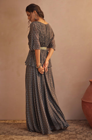 Aneesh Agarwaal-Navy Printed Flared Peplum With Sharara-INDIASPOPUP.COM