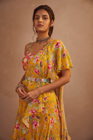 Aneesh Agarwaal-Yellow Floral Drape Saree Set-INDIASPOPUP.COM